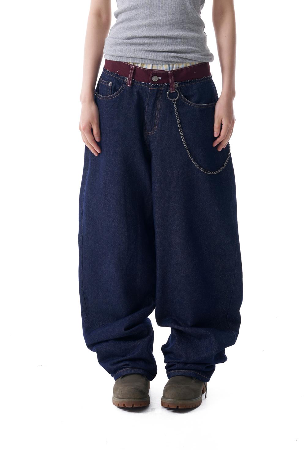 [7.10 예약배송] Waist Contrast Denim Pants (Dark Blue)