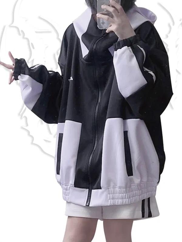[$67.00]Black/Blue Colorblock Design Jirai Kei Hooded Jacket