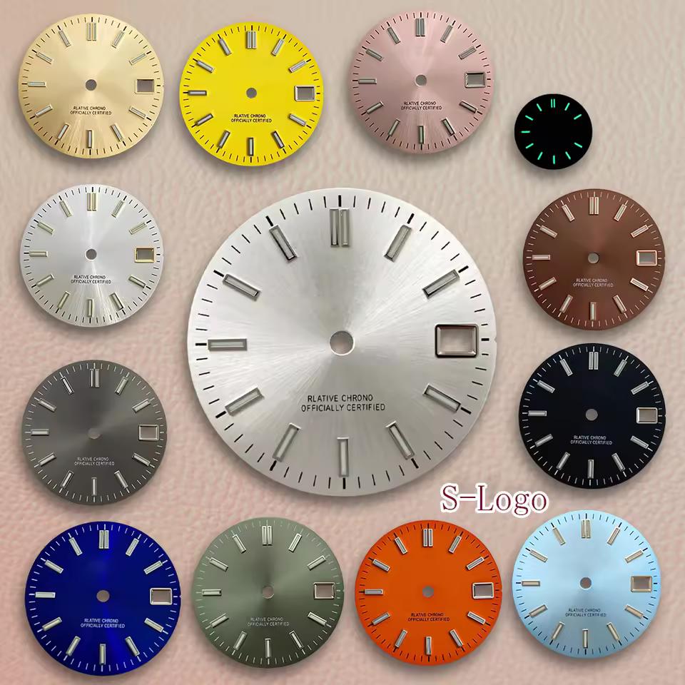 28.5mm S 로고 Sunray 저널 다이얼 맞춤 NH35/NH36/4R/7S 일본 무브먼트 녹색 빛나는 시계 수정 액세서리 수리 도구