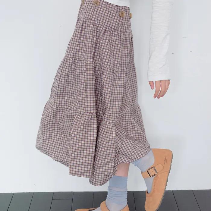 2way Button Shirring Skirt (Purple Check)