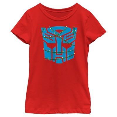 Girl's Transformers Christmas Lights Autobots Logo  T-Shirt - Red - X Small