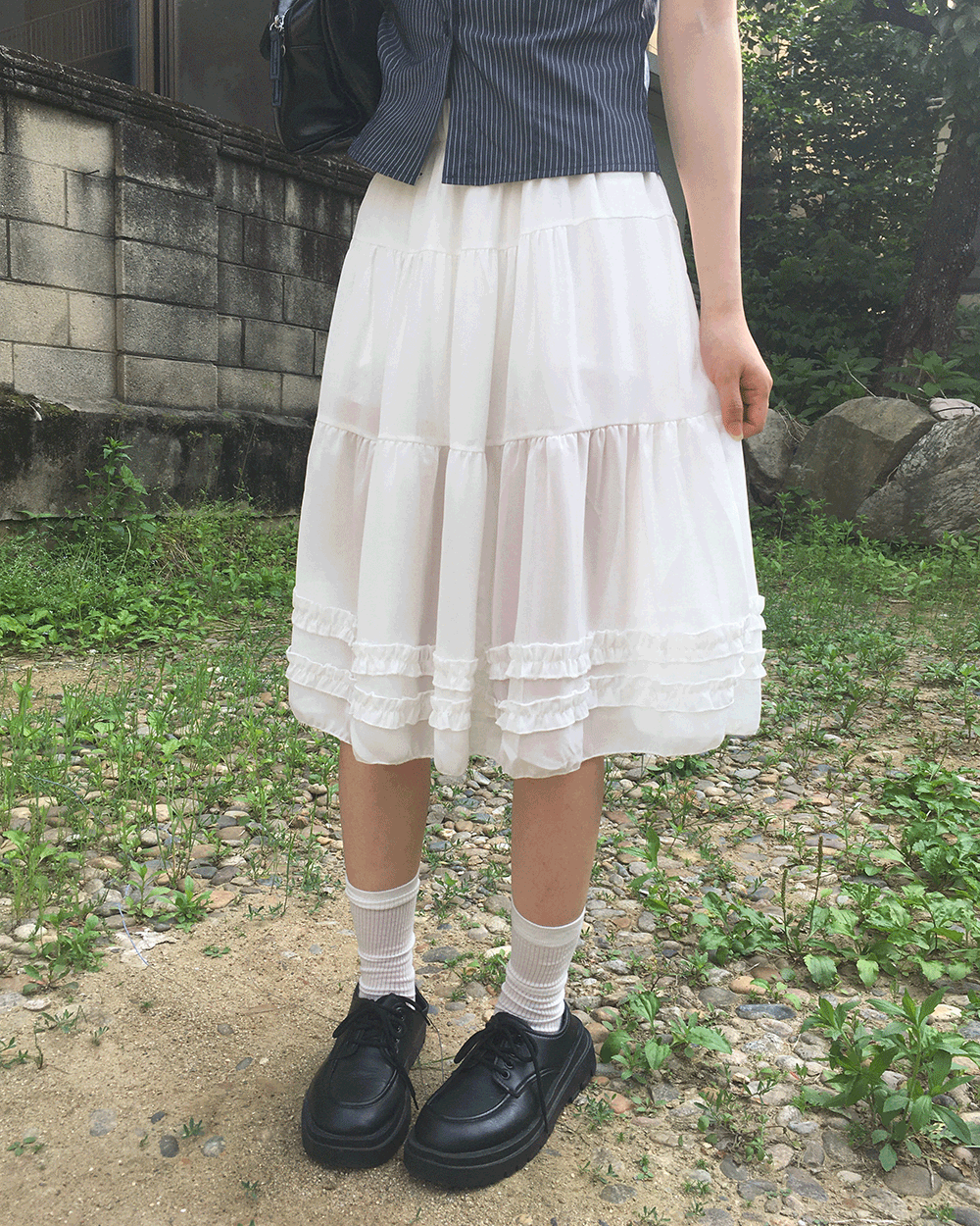 온디드 [여름일본룩🍥/휴가룩] 유민 시스루 프릴 레이어드 미디 스커트