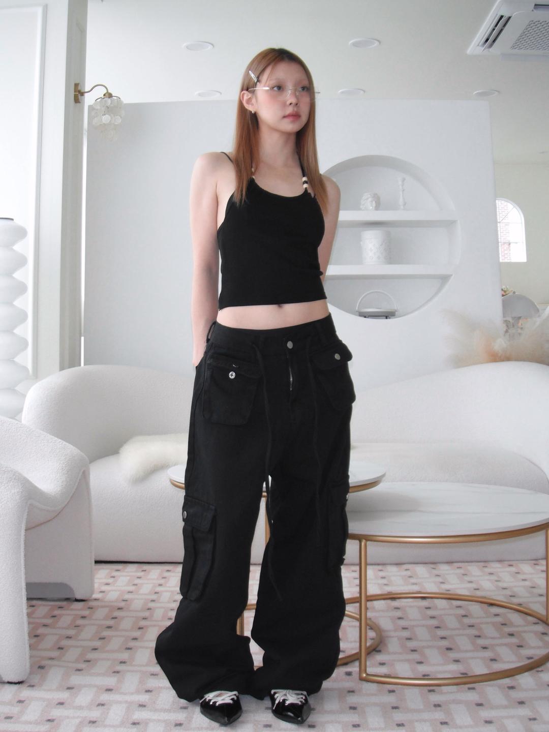 Low string wide cargo denim pants