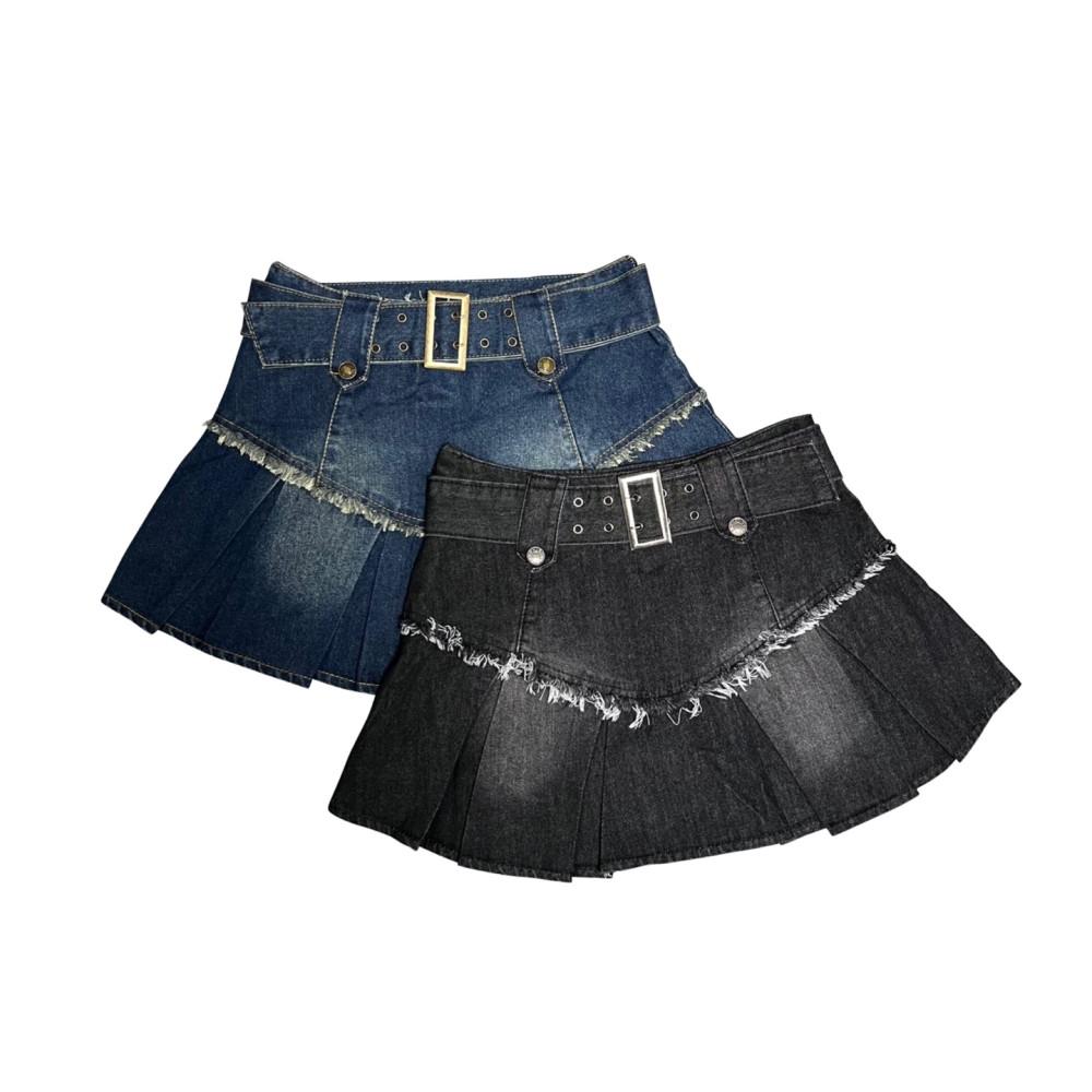 Belt half pleated denim skirt (2color)