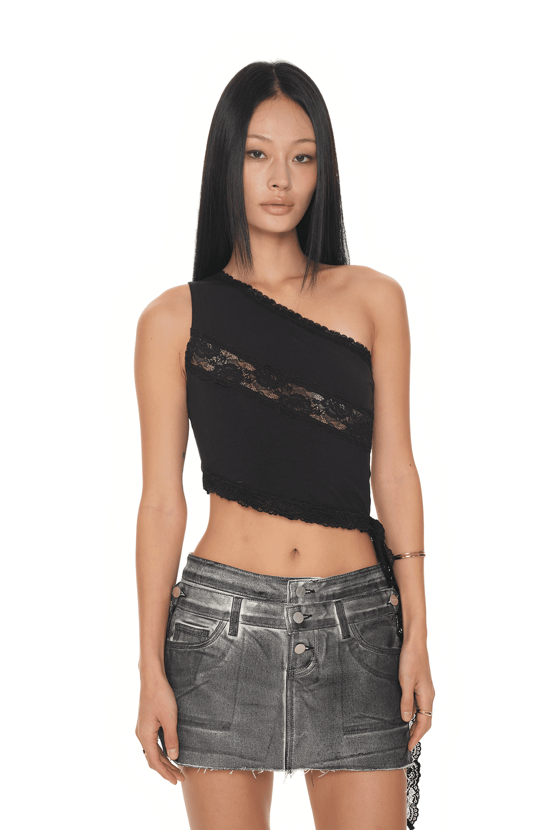 LACE PANEL ONE SHOULDER TOP (BLACK)