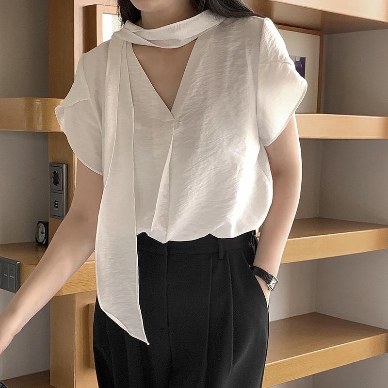 [하객룩✨/세련무드/활용도UP]버든 브이넥 타이 반팔 블라우스 - 4 color