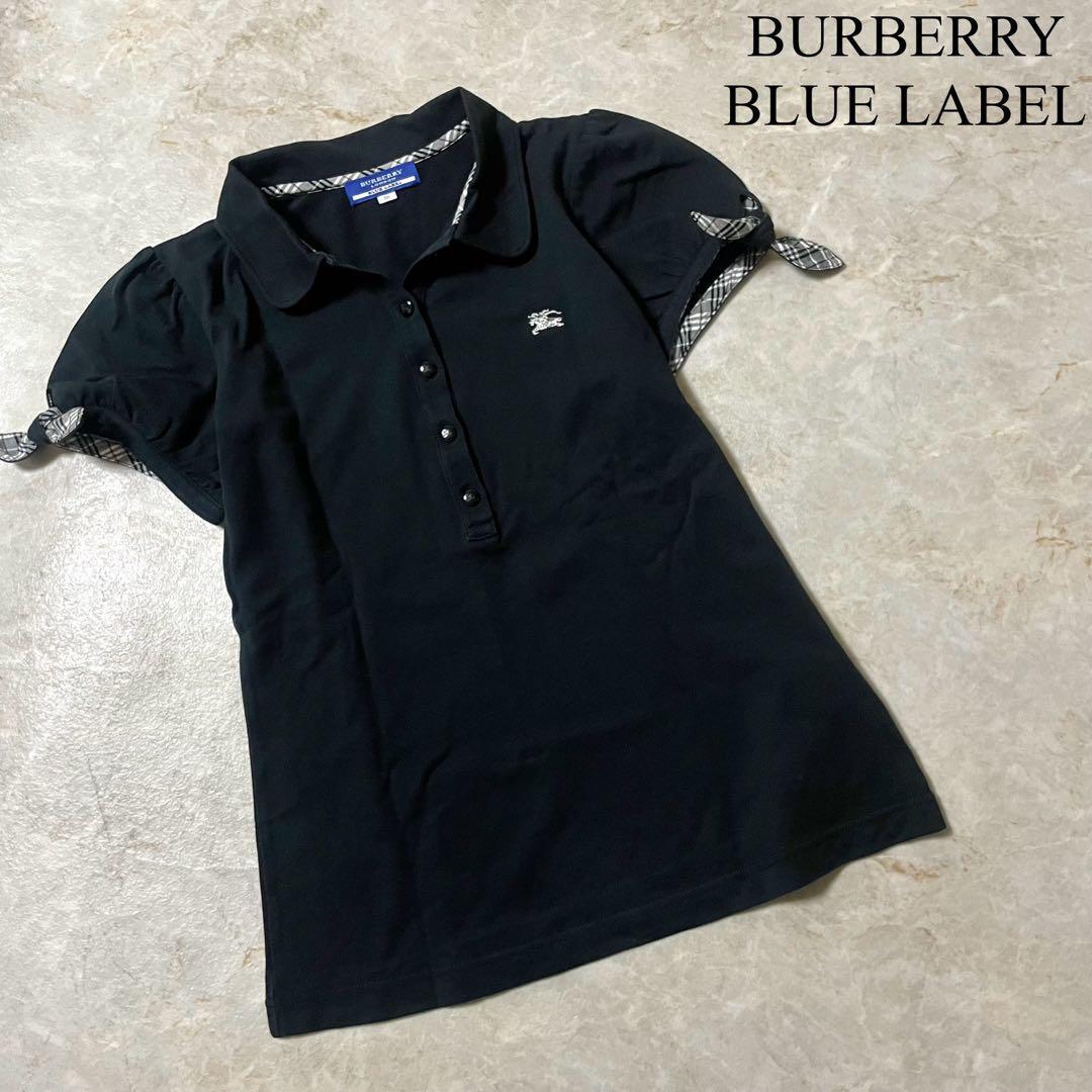 BURBERRY BLUE LABEL チェック柄 袖リボン 半袖ポロシャツ 黒