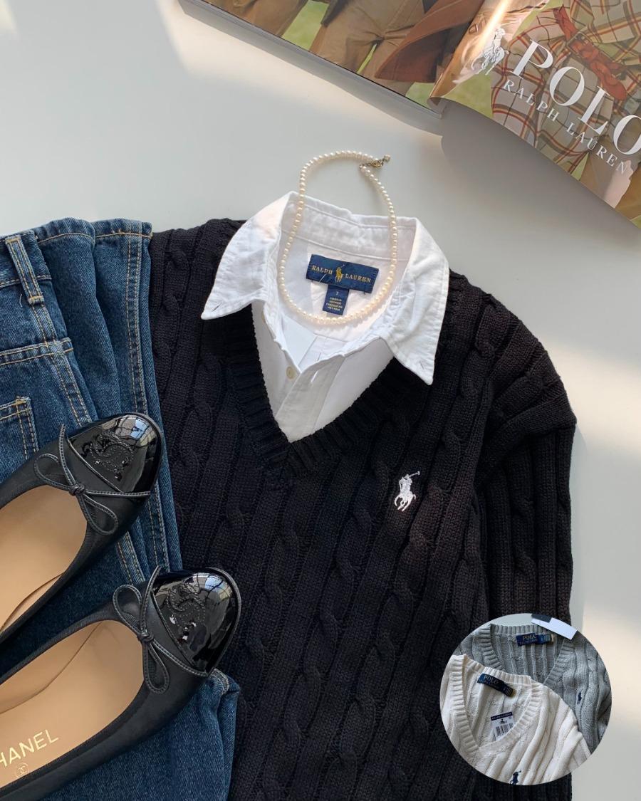 | NEW | POLO wms cable v-neck cotton knit