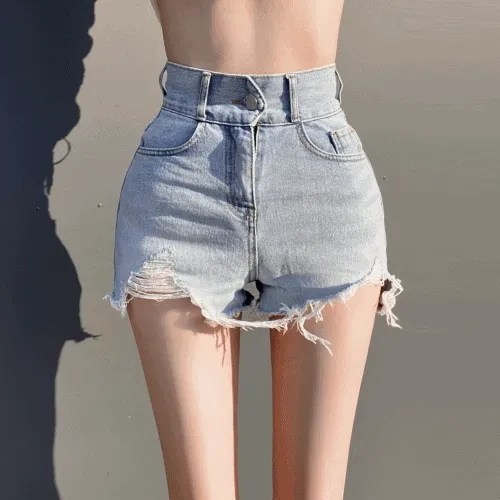 [최저가! 핏보장/군살쏙 개미허리] 하이웨스트 섹시 구제 숏 데님 반청바지 반바지 팬츠