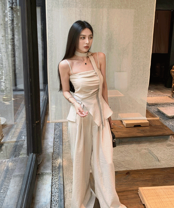 워너비 셔링 뷔스티에 + 핀턱 와이드 팬츠 투피스세트 여름 슬랙스 하객룩 쉬폰 휴양지 데이트룩 여리여리 찰랑 파티룩 y2k 세미와이드팬츠 코디세트 여름코디룩 스모크탑 뷔스티에탑