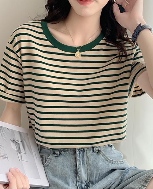 [당일발송] 여자 스트라이프 면 단가라 기본 데일리 베이직 반팔 티셔츠
