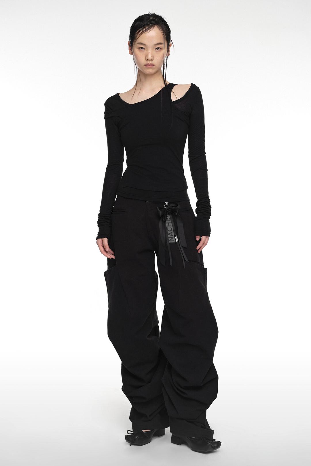 PINTUCK WIDE PANTS (UNISEX) BLACK
