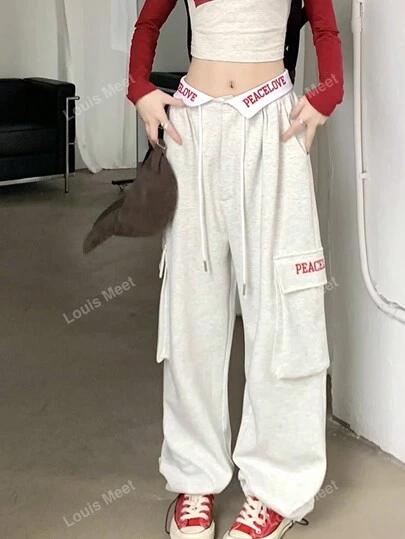 Letter Graphic Flap Pocket Side Drawstring Waist Cargo Pants