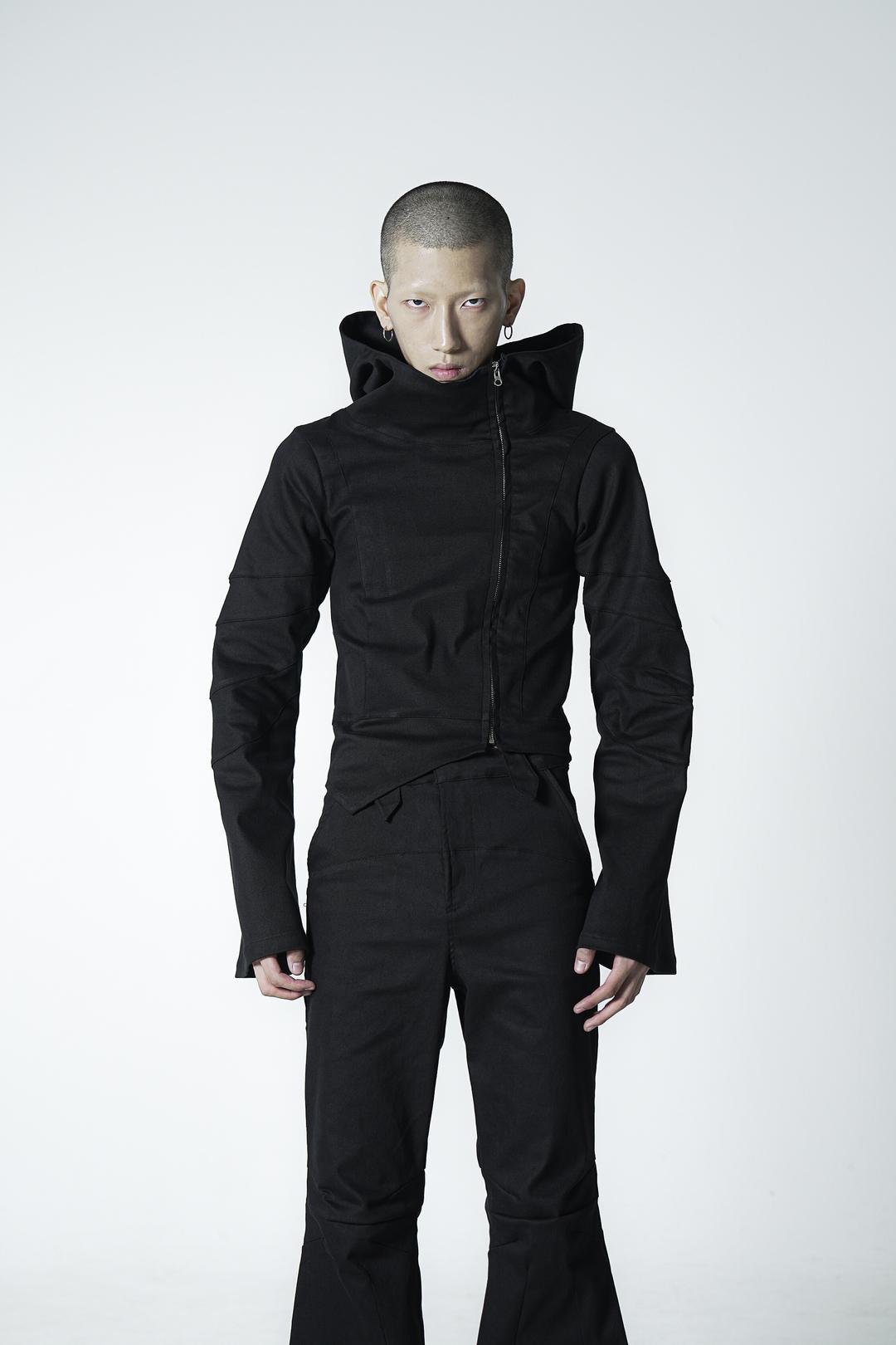 High neck unbalance hood jacket [Black] [ONE SIZE] [HAND-MADE]