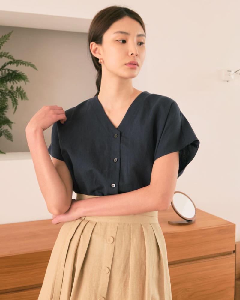 [생활한복] 여름 데일리 린넨 루즈핏 빅사이즈 예쁜 자개 네이비 블라우스 가디건