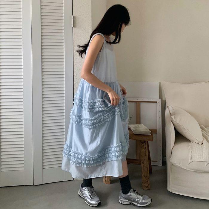 SHEER FRILL LONG DRESS_SKY BLUE