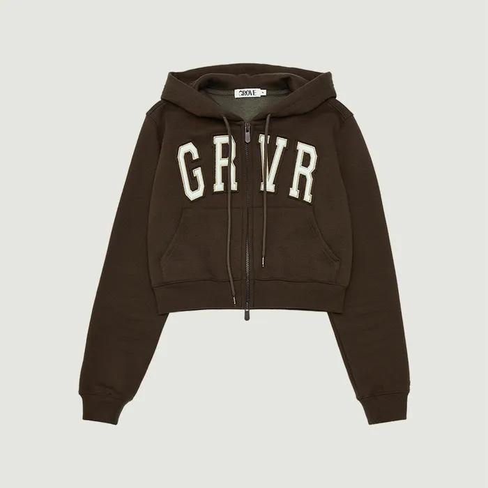 GRVR CROP HOODIE ZIP-UP (BROWN)