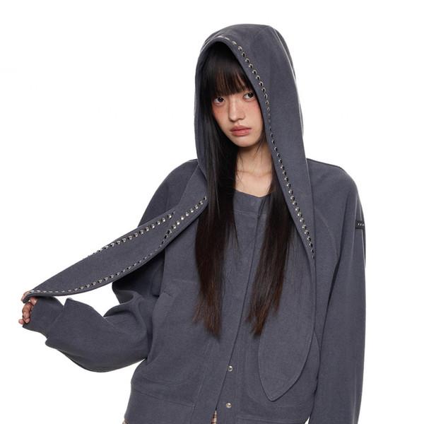 Studded Scarf Strap Hooded Cardigan