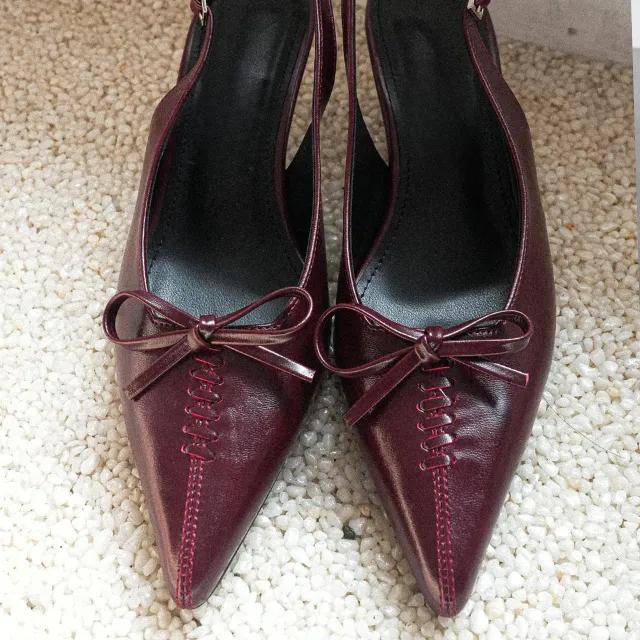 🖤3COLOR🖤 Mini Ribbon Stiletto / 스틸레토 미니리본 슬링백 힐 미들굽 5.5CM 버클스틑랩 미들힐