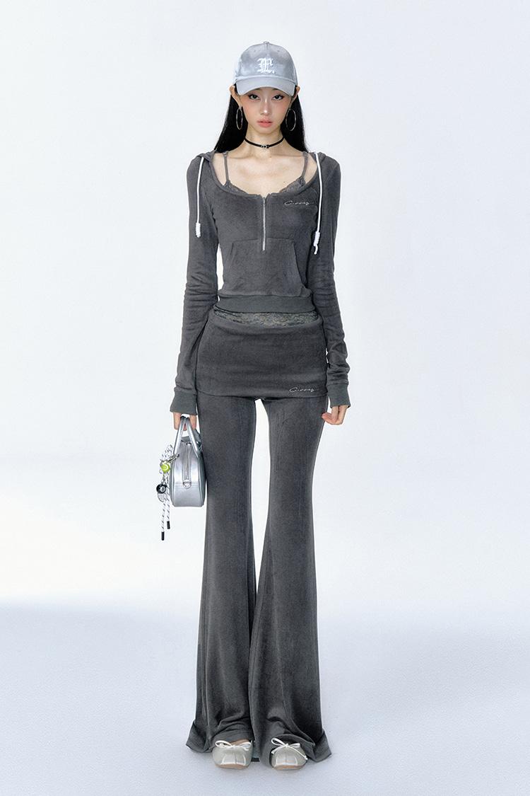 Curriges Soft Lace Suspender Half Zip-up Hoodie Top & Lace Waist Skirt Pants Set-up