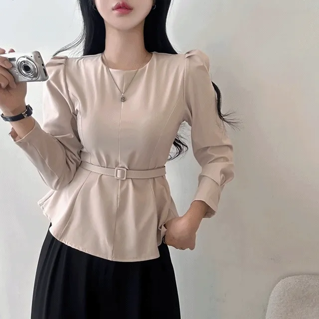 [가을🍂/벨트세트/하객룩] 헬렌,베이직 퍼프 벨트 긴팔 블라우스 [3color]