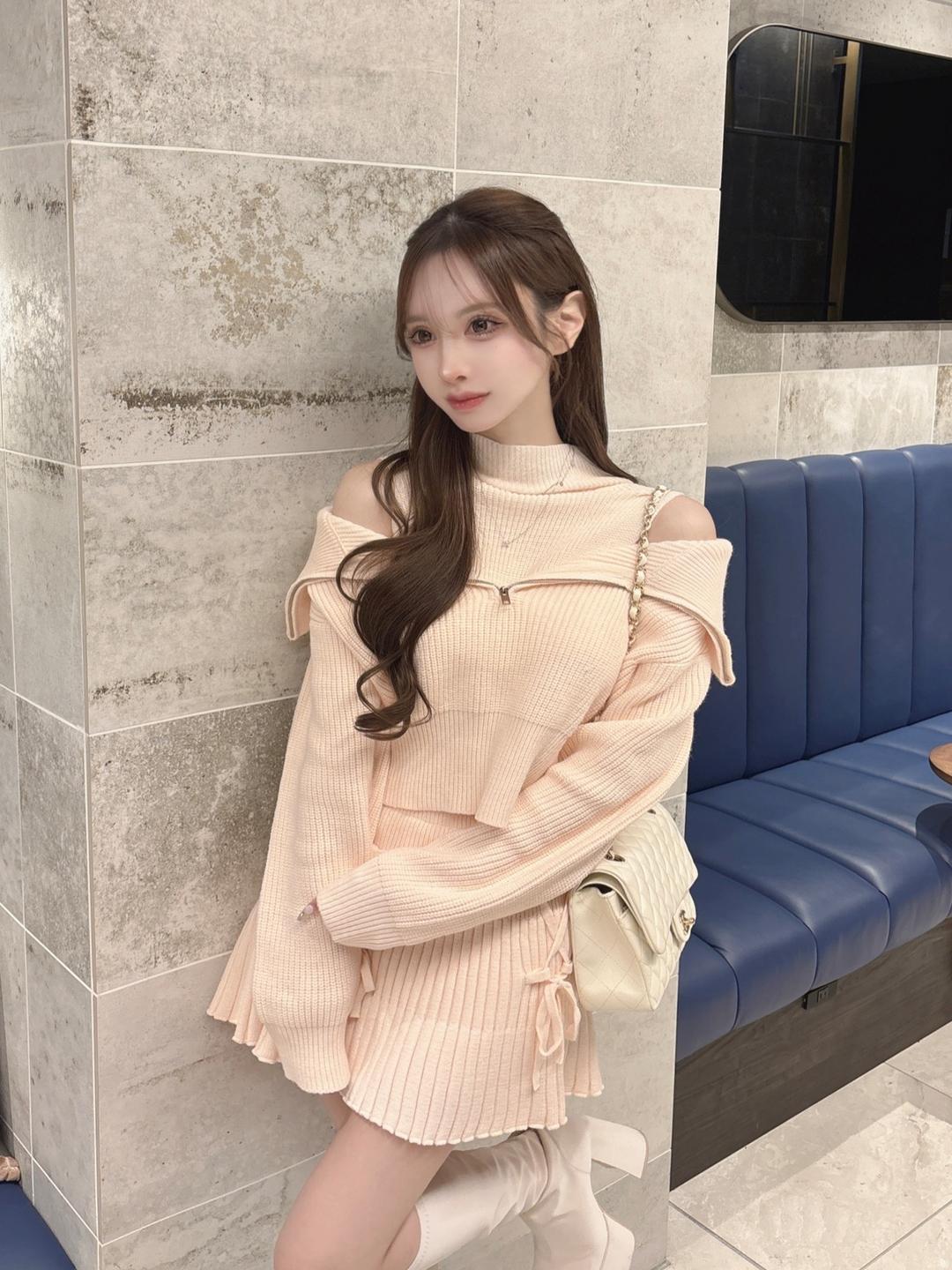 Lumignon original ♥ off shoulder zipper knit ribbon skirt set up 【ピンク】 | Lumignon powered by BASE