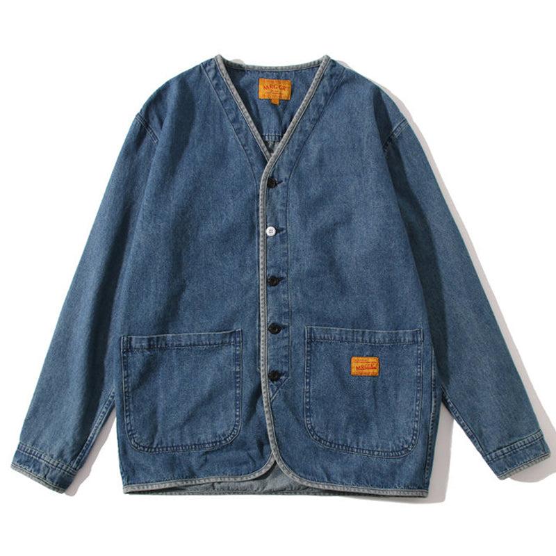 배색 단추 노카라 데님 자켓