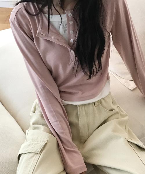 로고 실버 자수 레이어드 티셔츠 ( 핑크 )