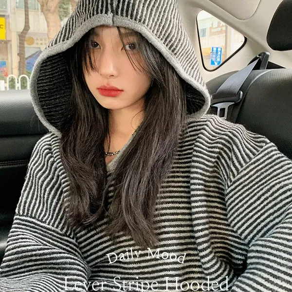[오버핏✨] 레버 스트라이프 후드 니트 KT0888 가을 간절기 겨울 롱 울 단가라 배색 기본 베이직 루즈핏 오버핏