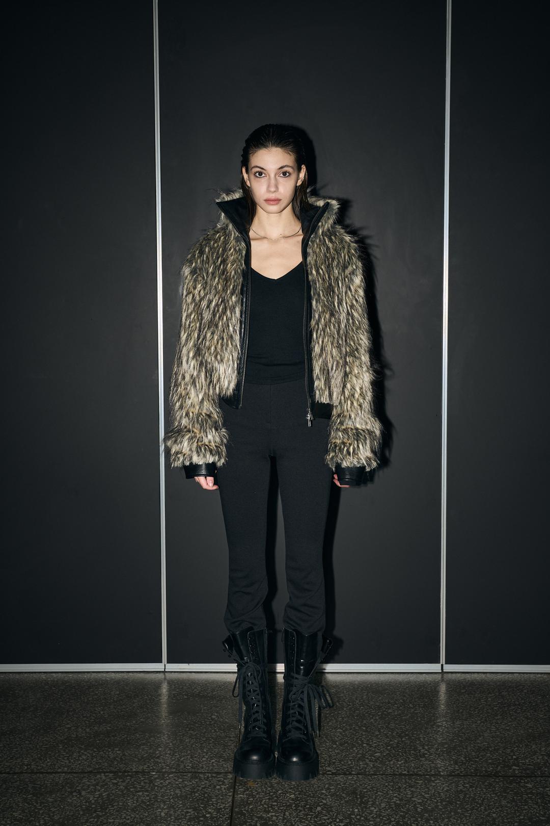 HIGH NECK 2-WAY FUR JACKET , BEIGE