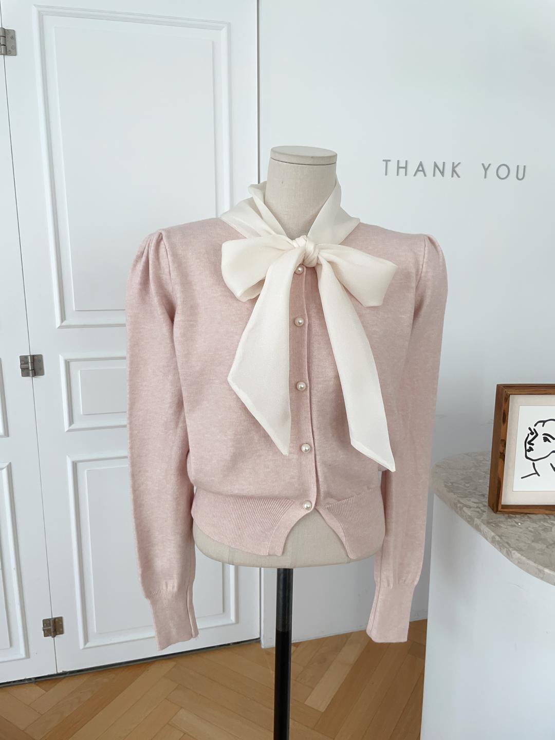 [무배]송이 쉬폰 리본타이 진주 셔링 니트 가디건(3color)H-952