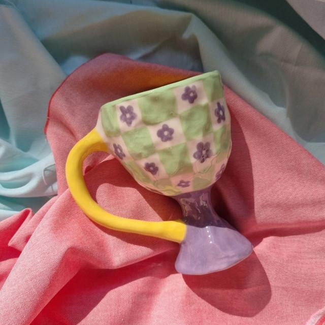 체크꽃 높은고블렛잔 귀여운컵홈카페집들이선물크리스마스선물