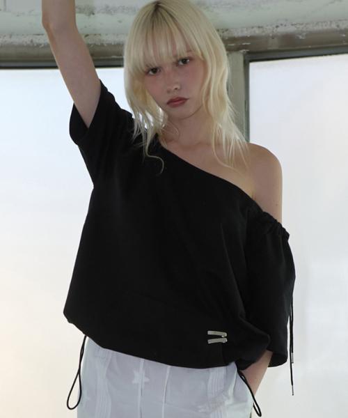 Drawstring Off Shoulder Tee Black