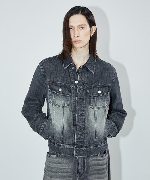 이스쿠르 미니멀 트러커 자켓 페이드 워싱