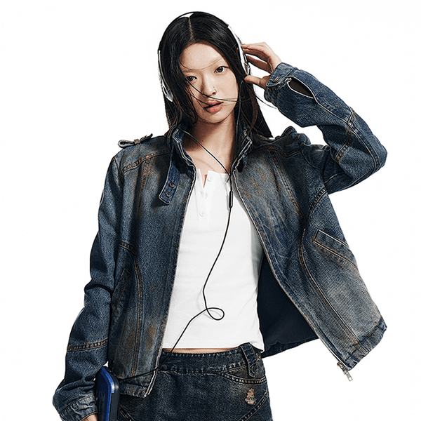 Gold brushed slim short denim jacket