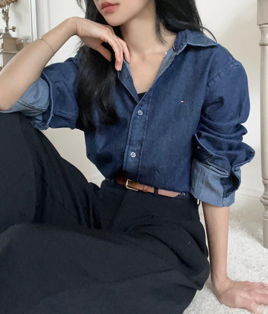 타미힐피거 남녀공용 레귤러핏 인디고 데님 셔츠