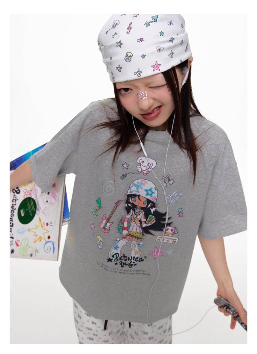 BETWEENAND Illustration print loose short sleeves