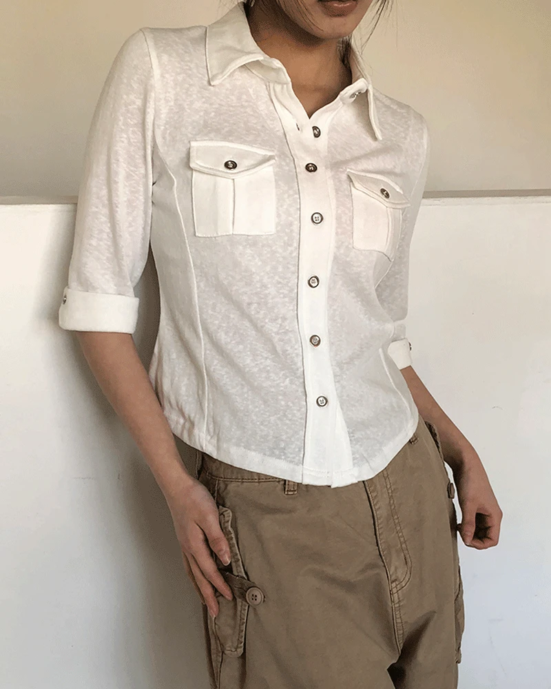 [체형커버💕] 다엔 포켓 버튼 카라 7부 티셔츠