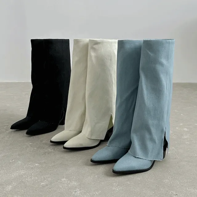 [주문폭주] 데님 절개 폴딩 오버 스틸레토 롱부츠 힐