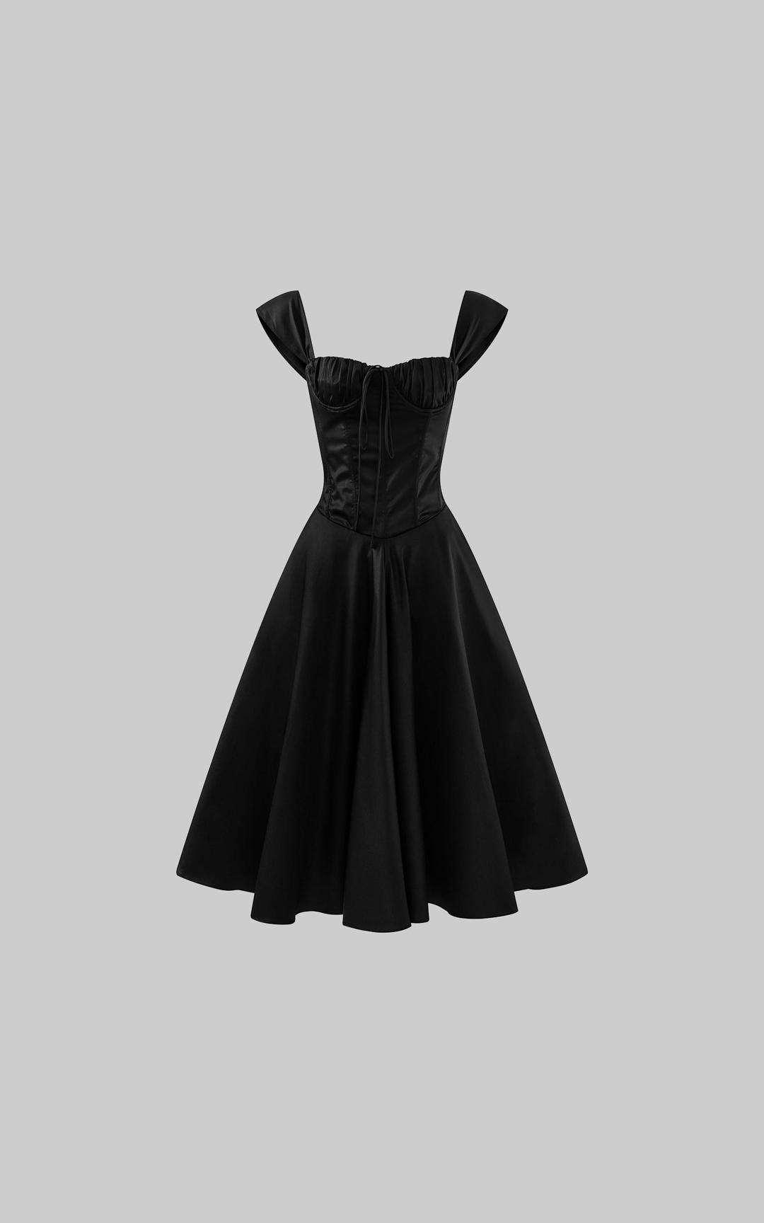 오프숄더 새틴 코르셋 미디 드레스, 플레어 스커트