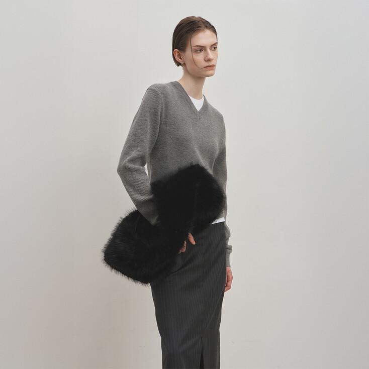 SUPER FINE WOOL RIBBED V-NECK SWEATER_ MELANGE GREY