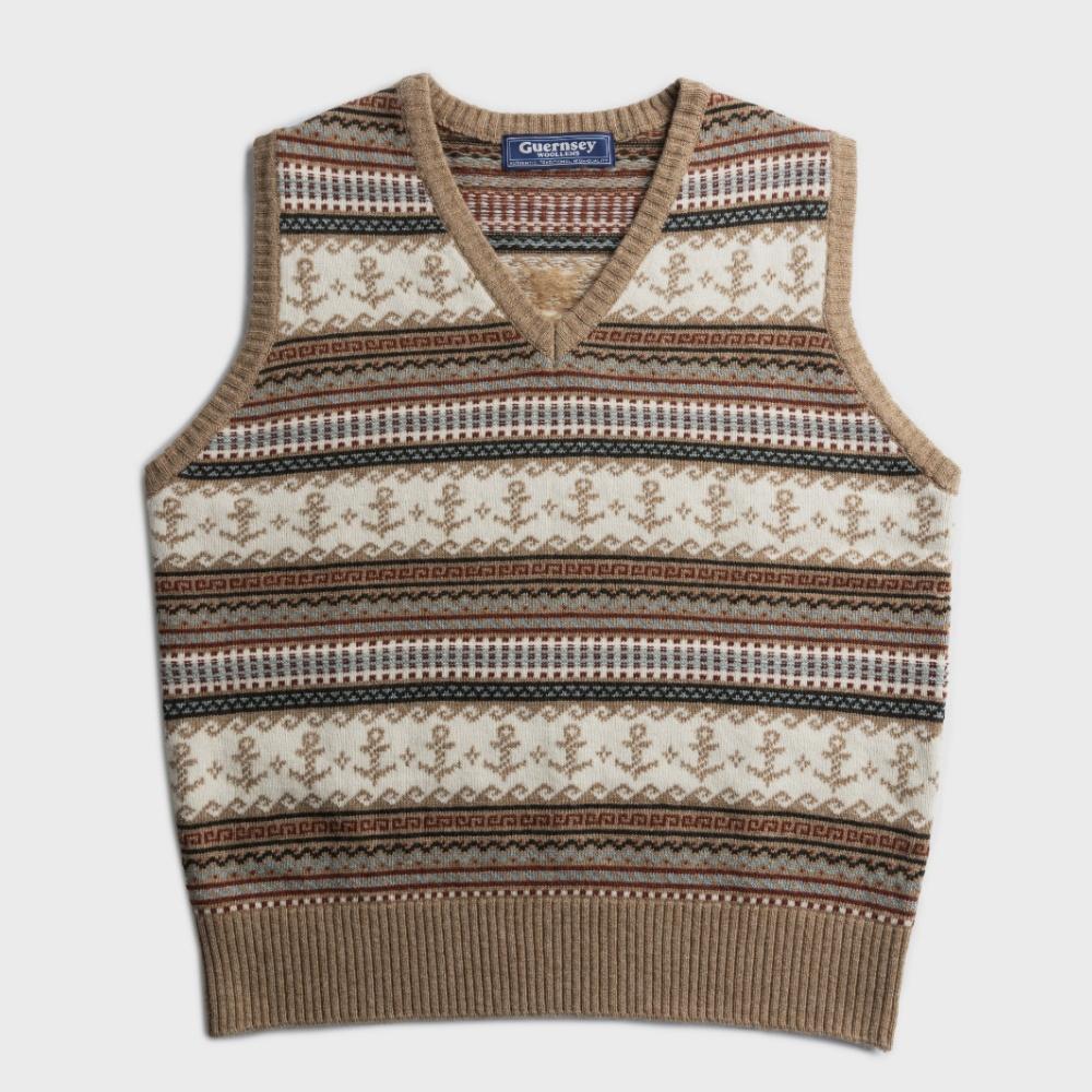 건지울른스 메리노 울 페어아일 니트 베스트 - 브라운