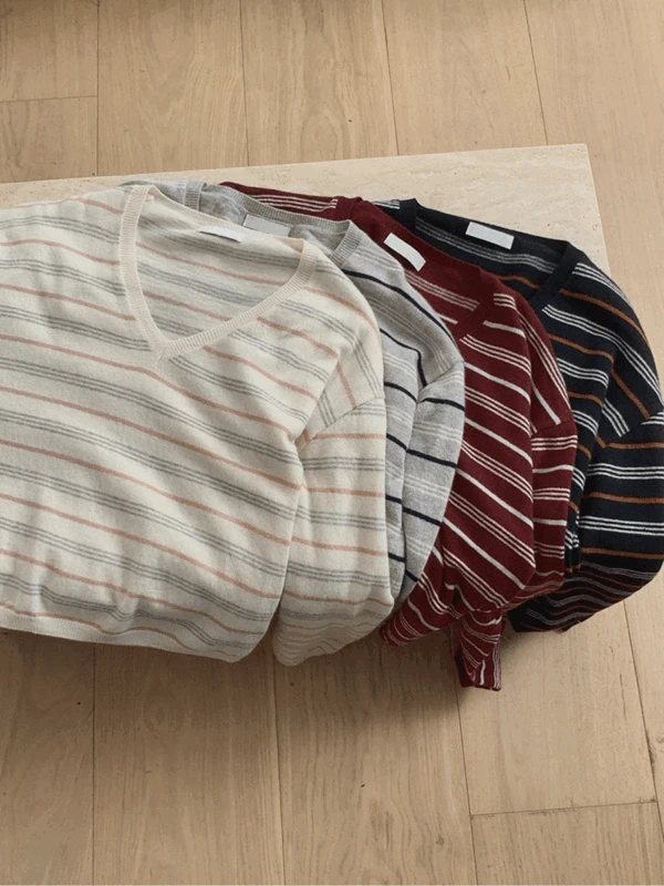 [크 당일][엑스트라파인울50] 자이 스트라이프 브이넥 루즈핏 긴팔 브이넥 단가라 가을 니트 (4col)