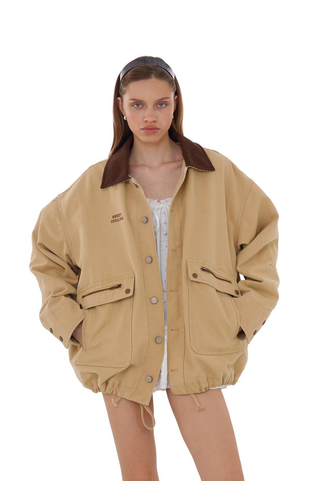 CONTRAST COLLAR FLEECE CANVAS JACKET - S
