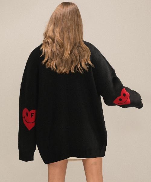 [UNISEX]엘보우 하트 스마일 니트 가디건_블랙