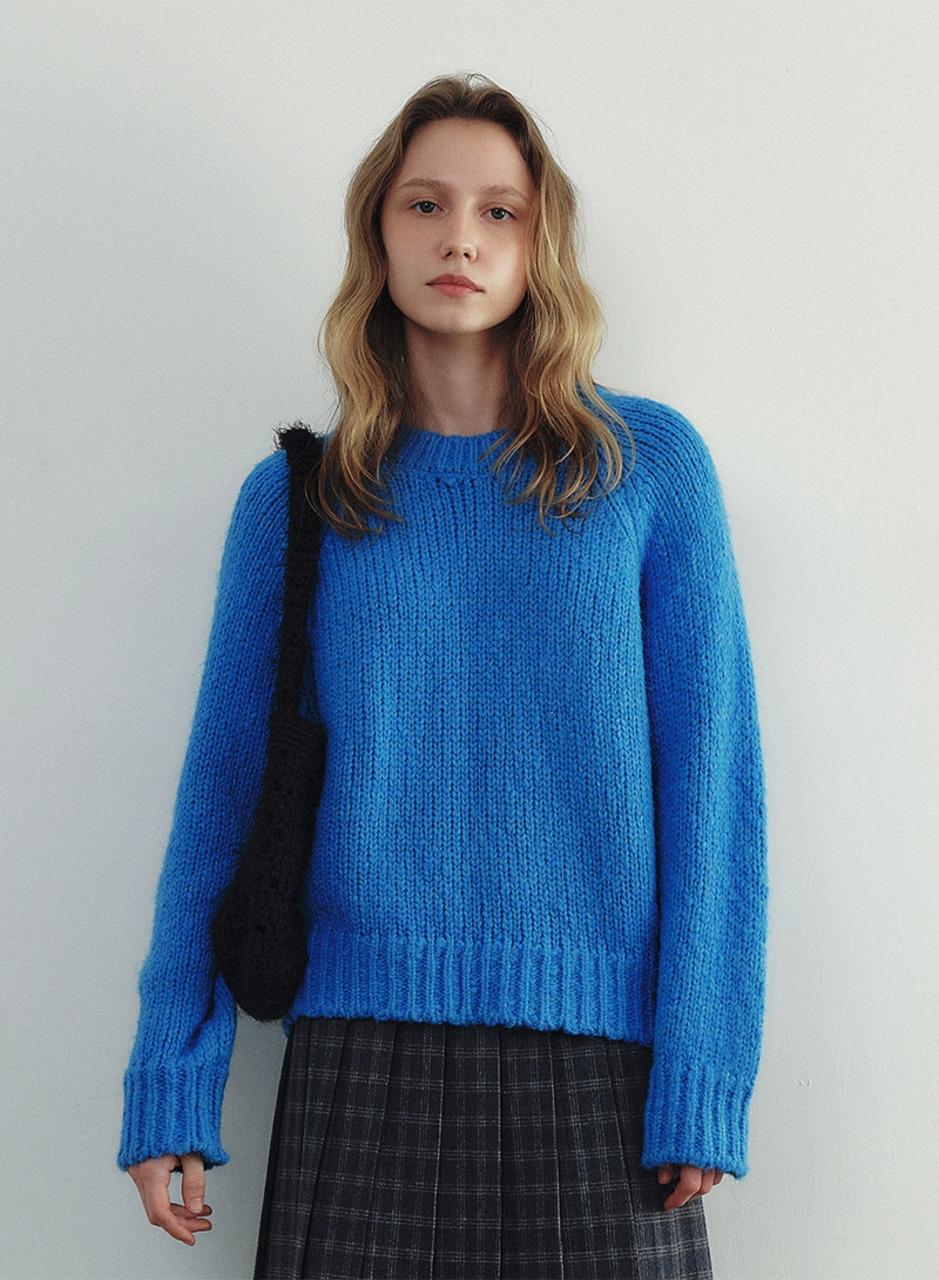 헤비 울 레글런 부클 니트 - 블루