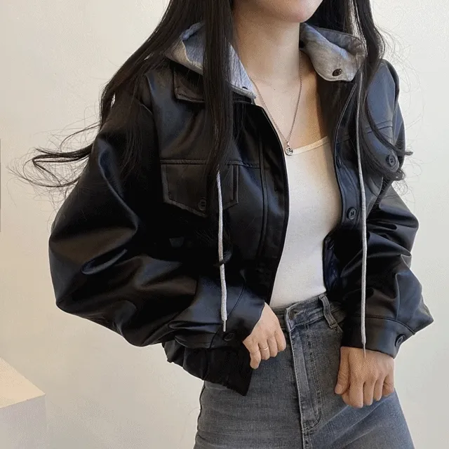 당일발송 [1만5천장돌파🔥/저렴이x/탈부착o] 후드,레더 라이더 크롭 자켓 [3color]