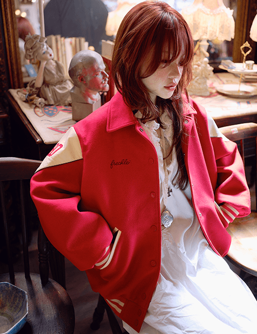 예약배송 oversized varsity wool jacket in red