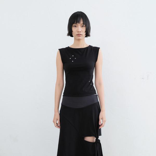 TIED-UP SLIT JERSEY MIDI SKIRT (BLACK)