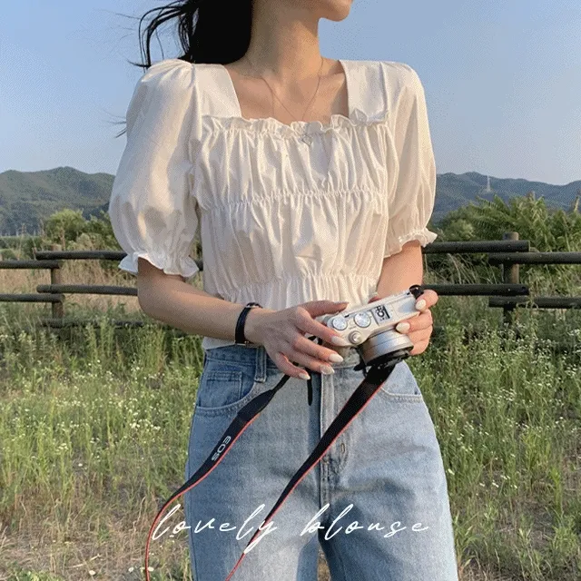 ⭐기간할인⭐ 1+1할인/BEST 여름 하객룩 퍼프 스퀘어넥 프릴 셔링 크롭 반팔블라우스
